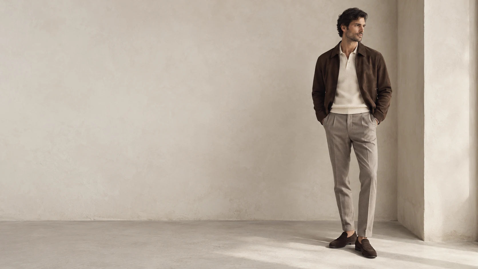 Look uomo in toni naturali, fotografia editoriale Monistyle